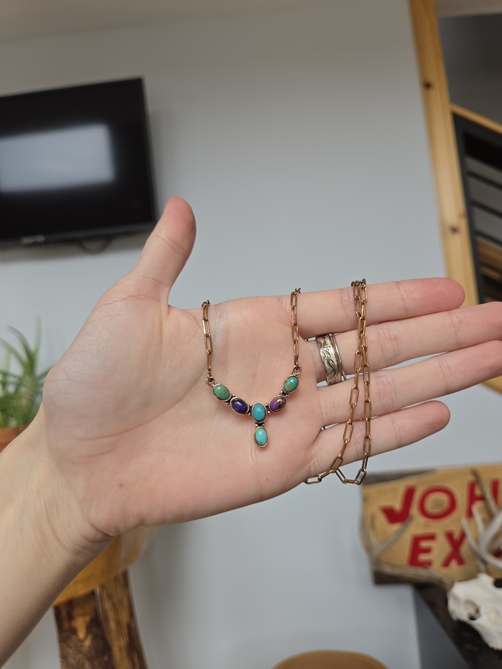 Turquoise and Purple Stone Accent Copper Paperclip Necklace
